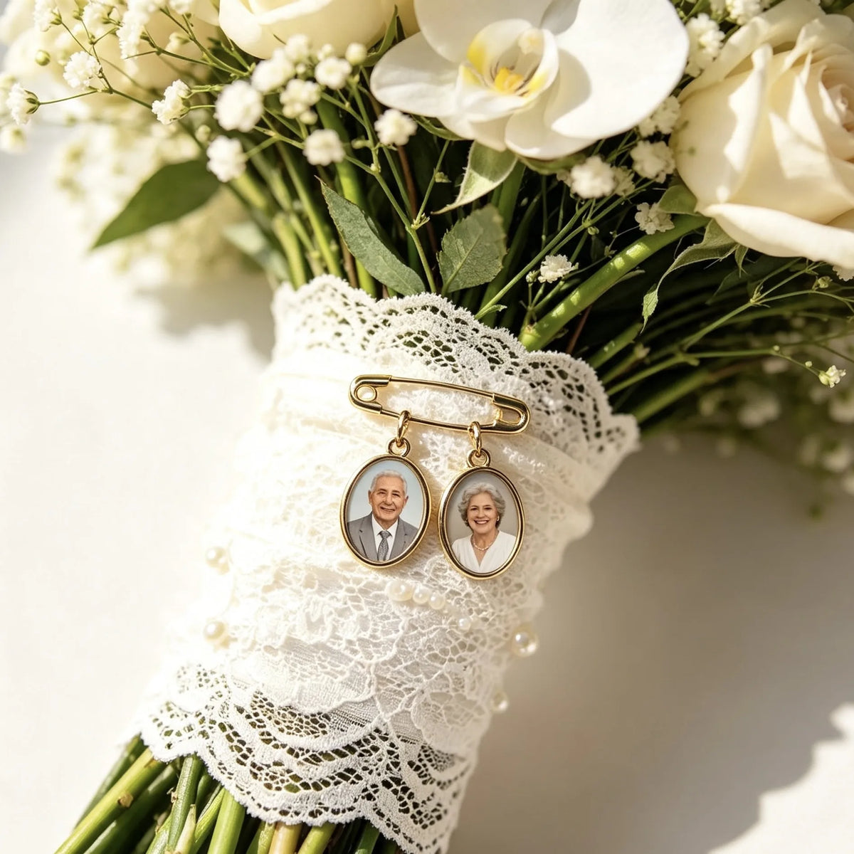 Custom wedding bouquet memorial pin with two personalized photo charms, a heartfelt keepsake for remembering loved ones during the ceremony.