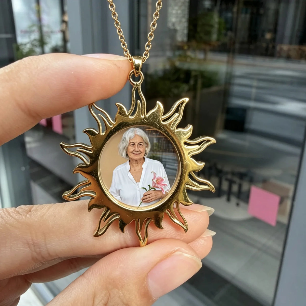 Gold sun photo necklace gift for mom and daughter with personalized family picture pendant.