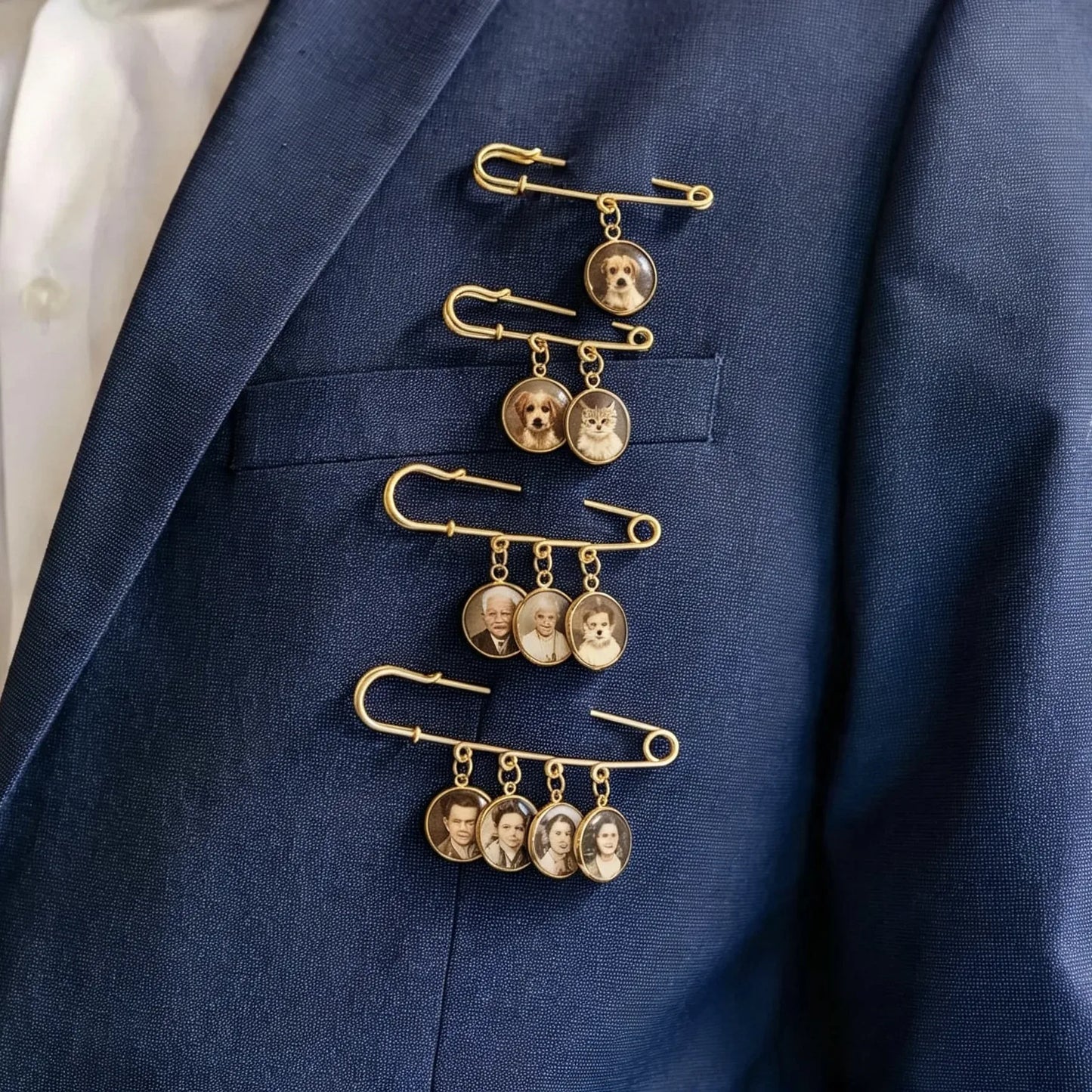 Personalized wedding memory brooch with custom photo charms on a white background.