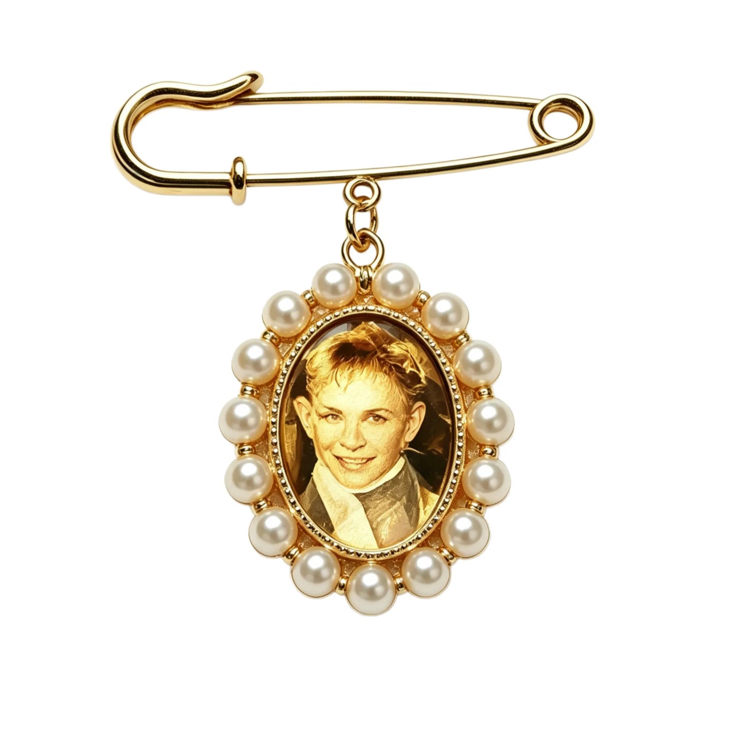 Close up of personalized photo charm brooch picture pin