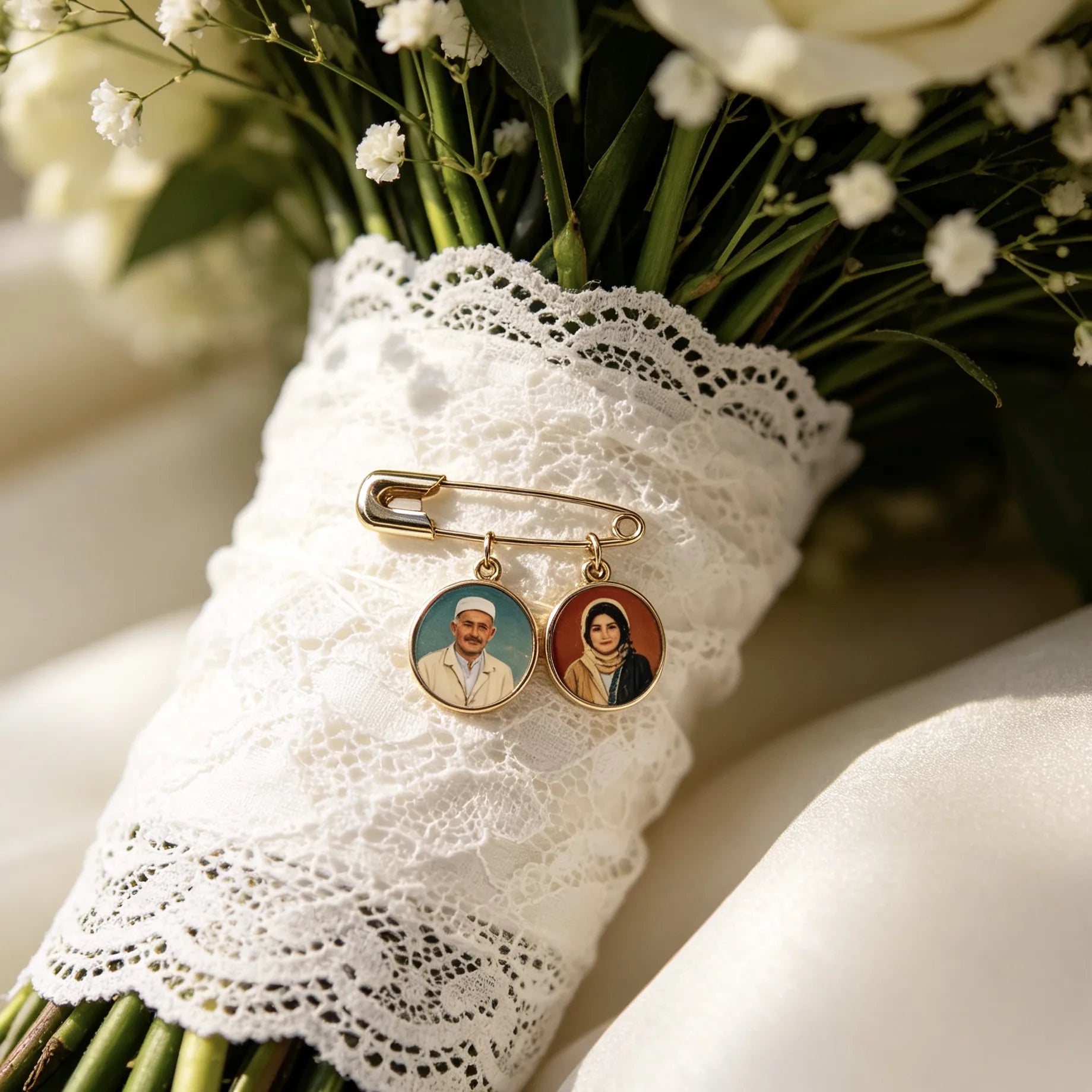 Custom wedding bouquet brooch with personalized photo charms, designed to honor loved ones on a bride's wedding day.