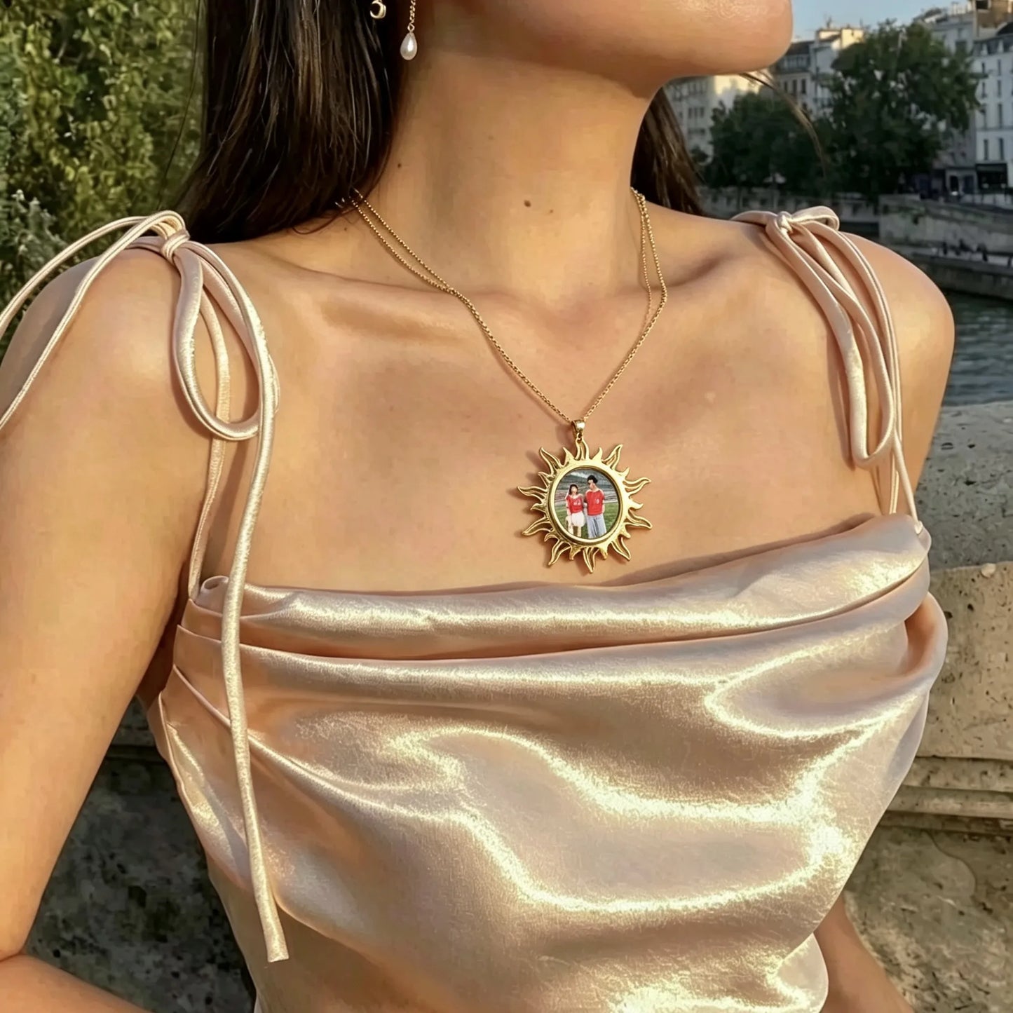 Personalized gold sun photo necklace couple gift with meaningful romantic picture.