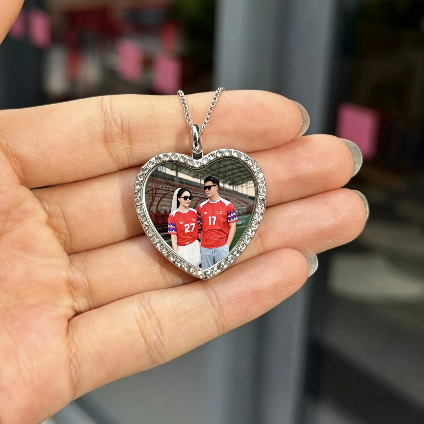 Heart photo necklace couple gift with personalized picture pendant for romantic memories.