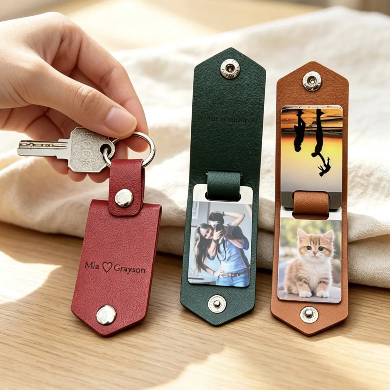 Personalized leather keychain customized with a romantic couple photo.