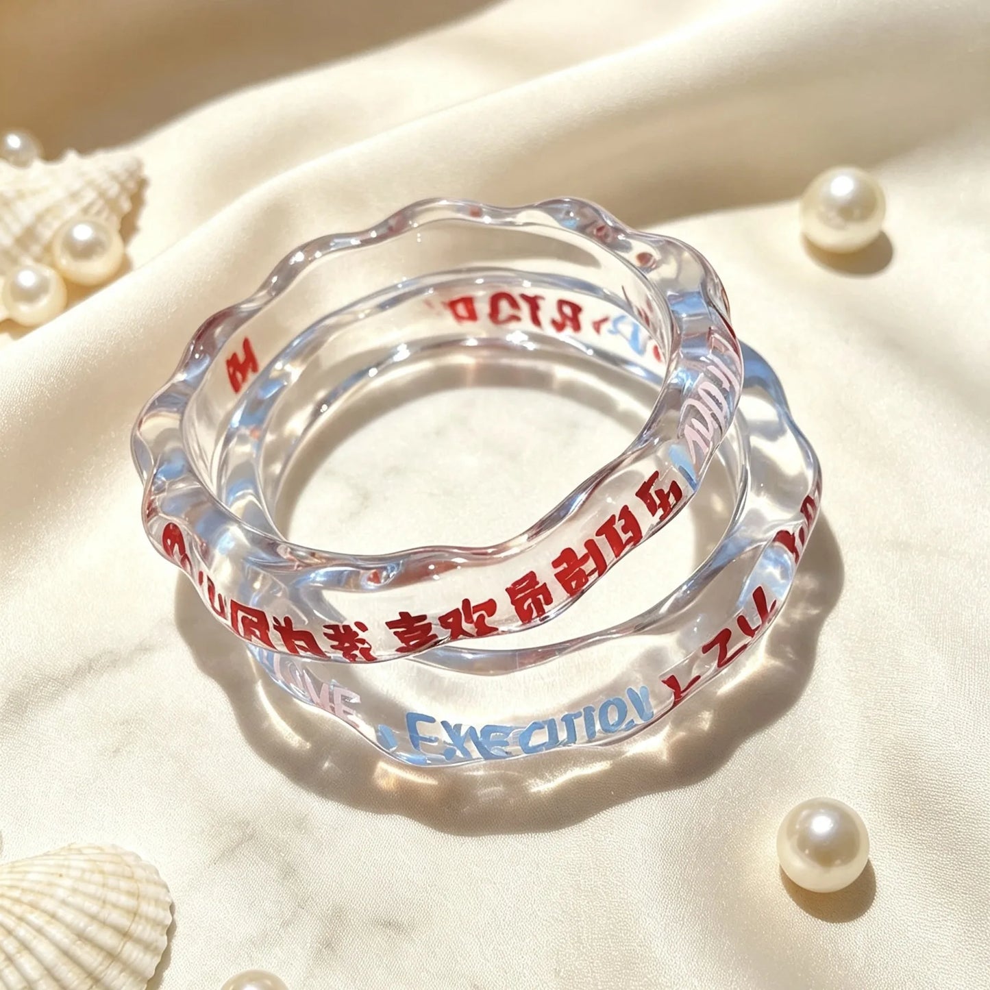 Transparent personalized bracelets available in multiple custom text colors.