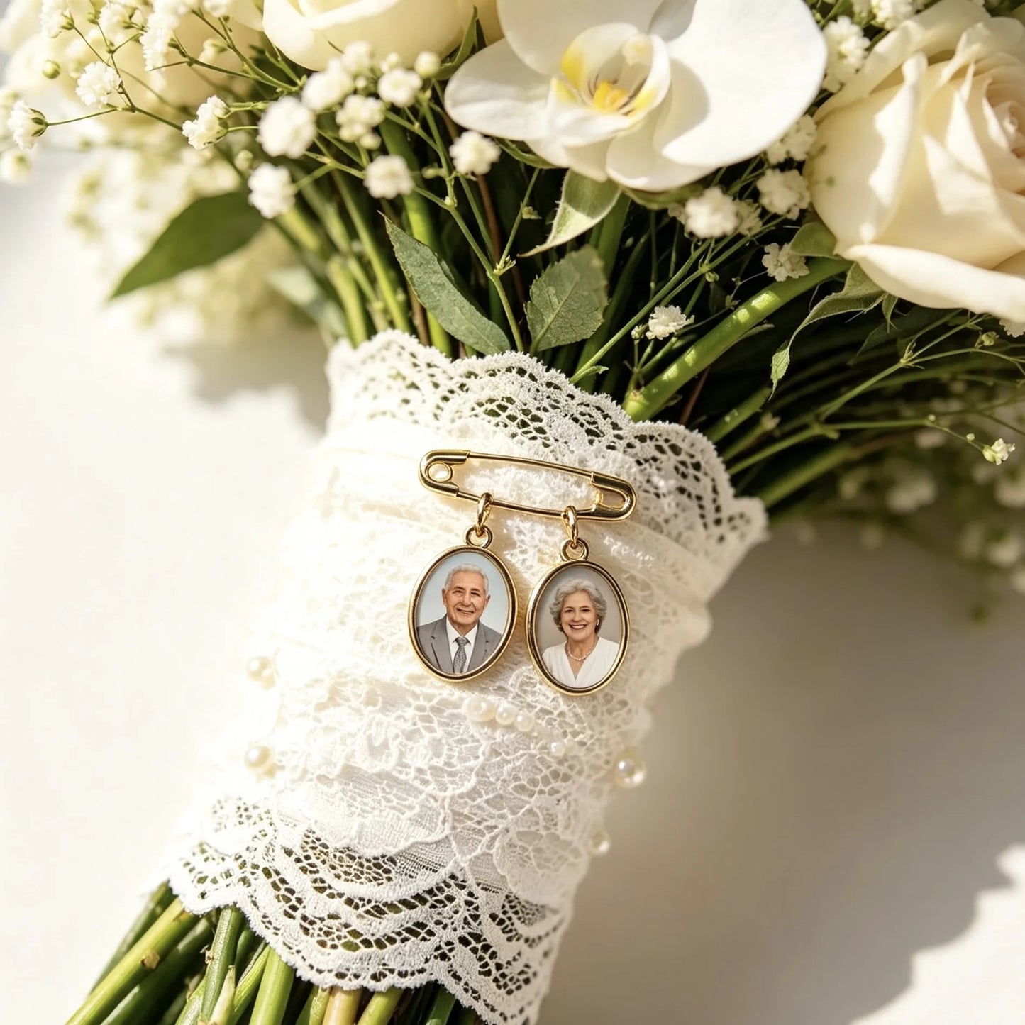 Custom wedding bouquet memorial pin with two personalized photo charms, a heartfelt keepsake for remembering loved ones during the ceremony.