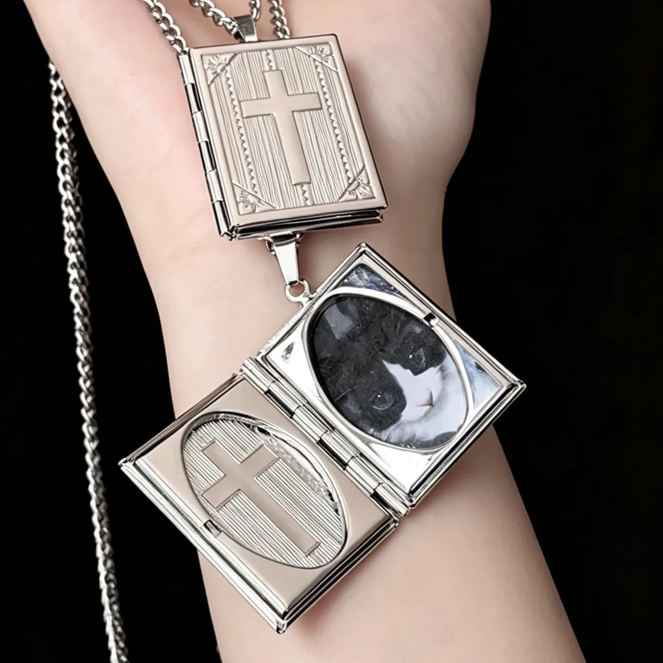 Personalized pet memorial cross photo necklace