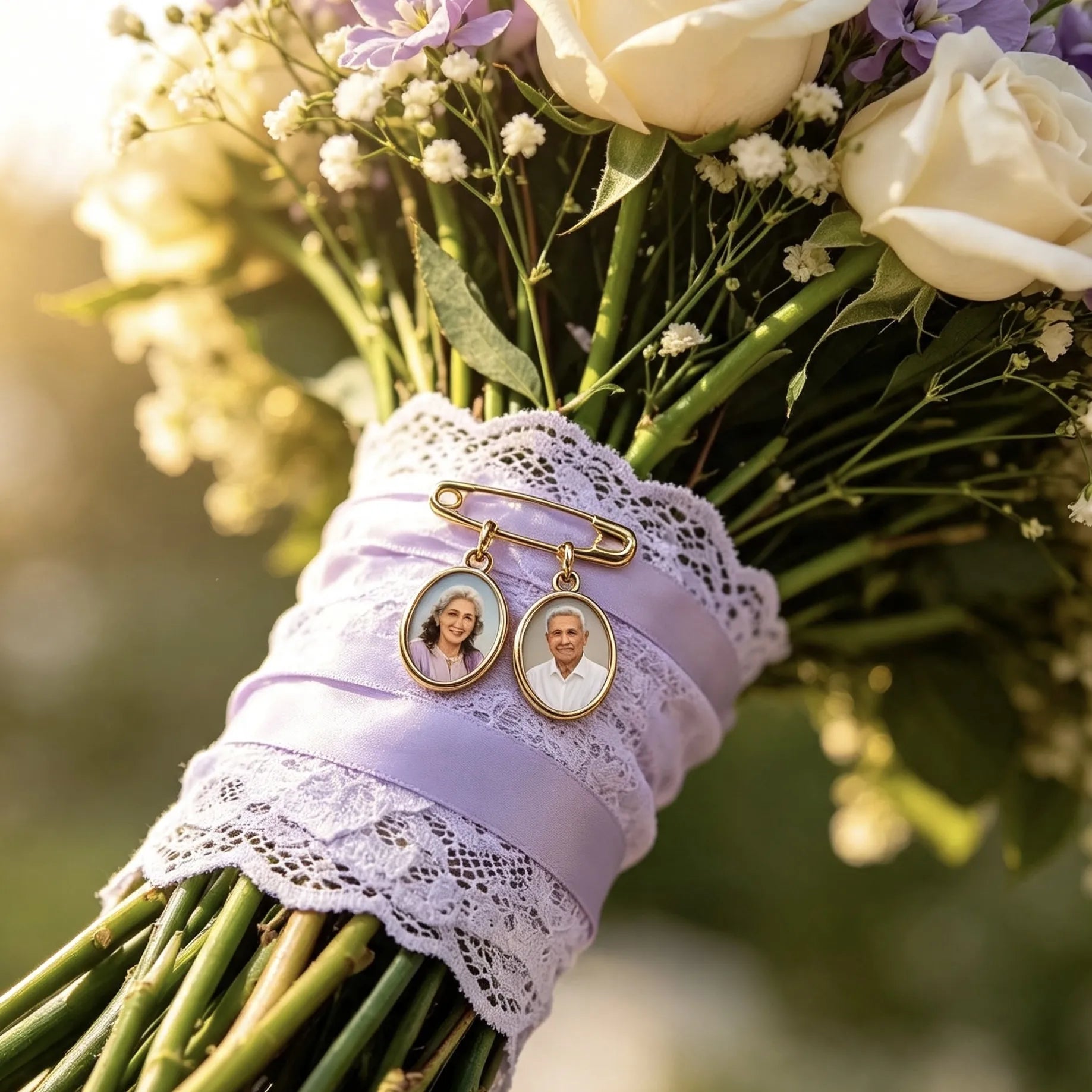 Personalized memorial photo bouquet brooch with a custom picture attached to a wedding bouquet, a meaningful remembrance gift for honoring a loved one.