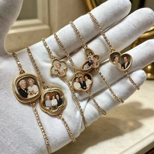 Custom photo bracelet with personalized picture charm and optional engraved name, meaningful keepsake jewelry gift for family, couples and loved ones.
