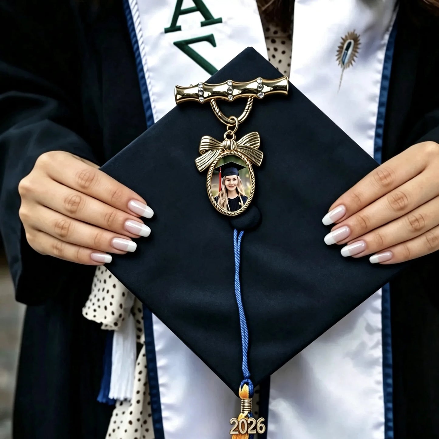 Custom photo brooch graduation gift, personalized gold bow jewelry to preserve special memories.