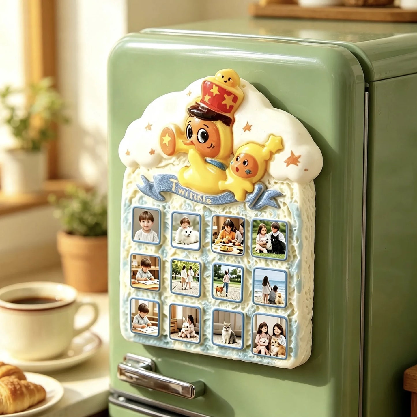 A personalized fridge magnet customized with up to 12 meaningful photos. Handmade with durable resin and a strong magnetic backing, perfect for displaying family memories, pets, children, couples and unforgettable moments.