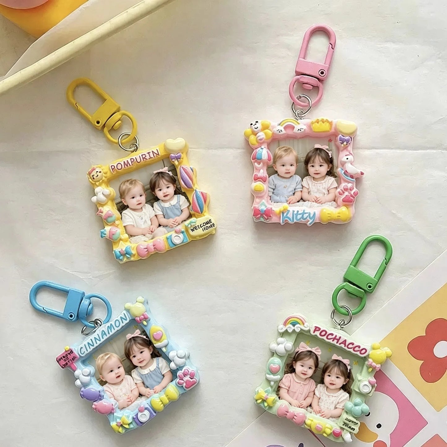 Colorful personalized photo keychains with custom names and cute decorative resin frames.