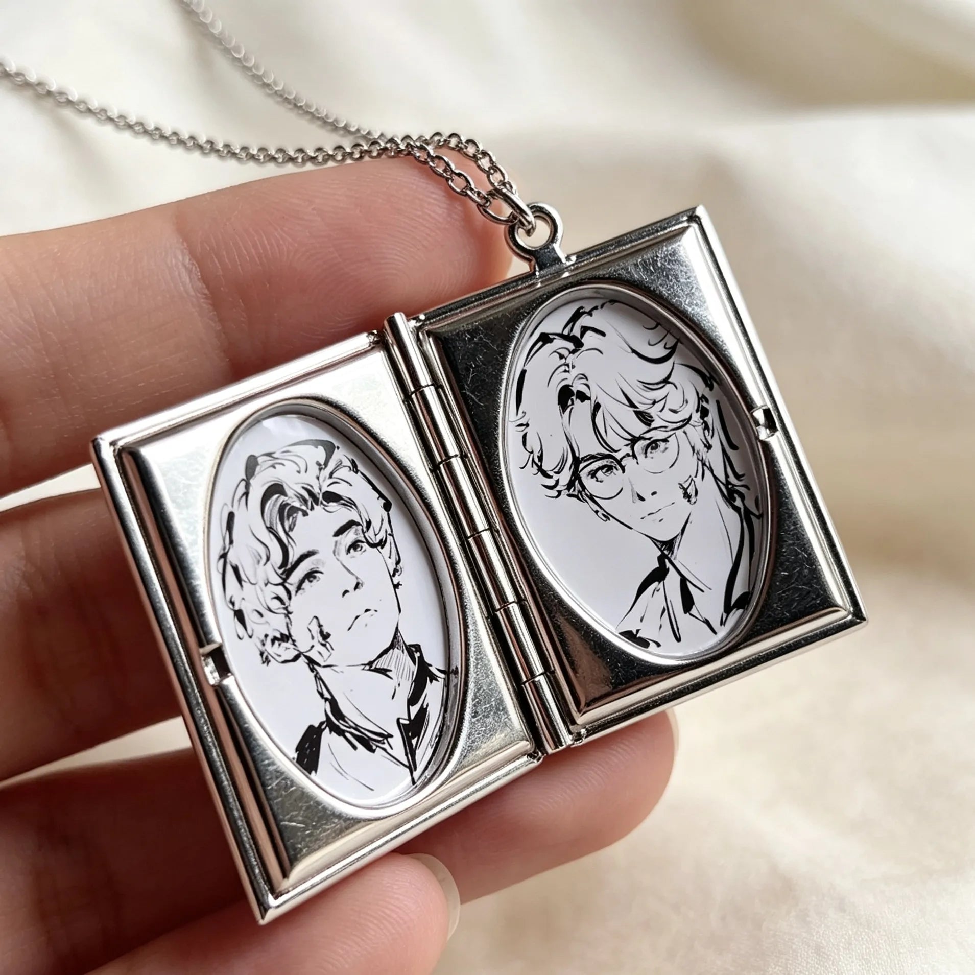 Close-up of a personalized photo locket necklace featuring high-quality custom photo inserts.