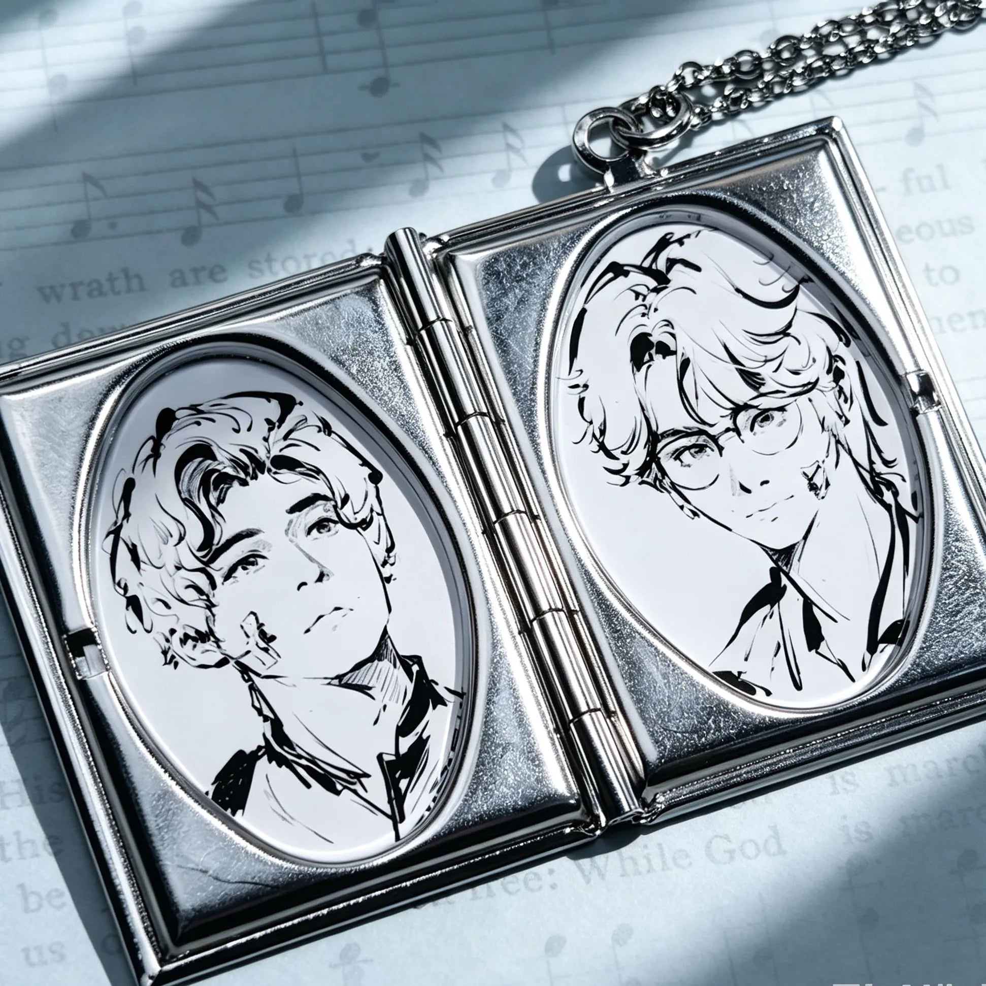 Close-up of an opening personalized photo locket necklace with two custom picture inserts.