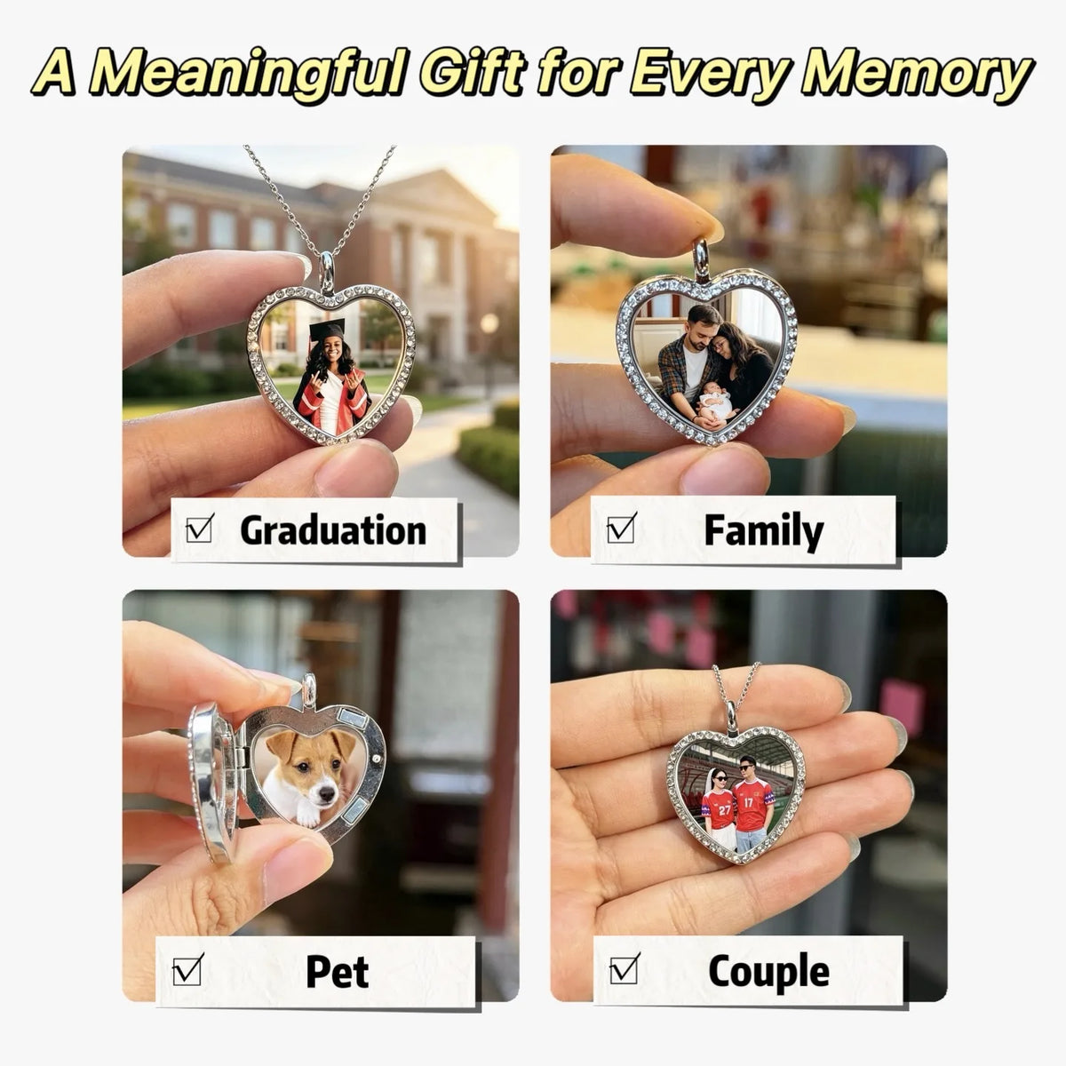 Custom picture heart pendant necklace featuring personal photo, meaningful keepsake jewelry.