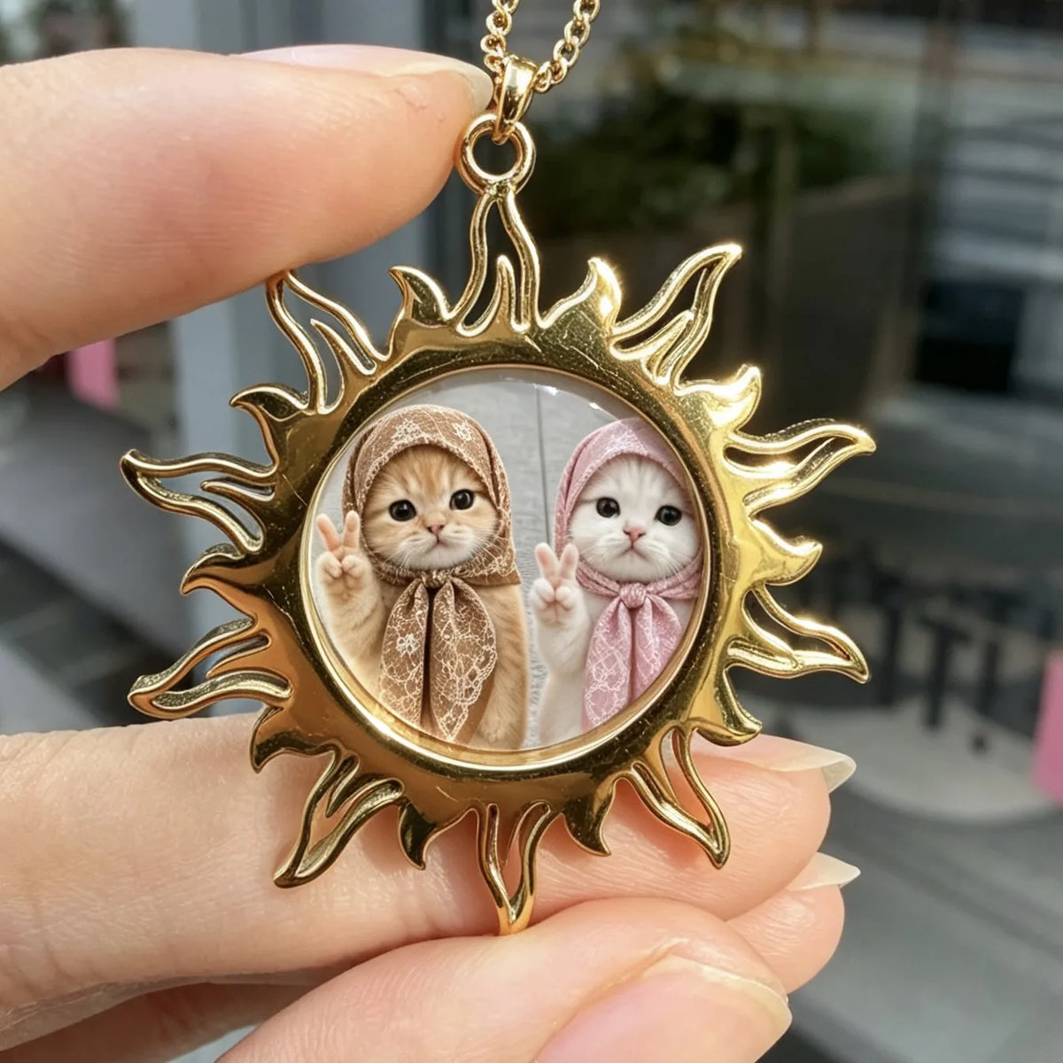 Personalized sun necklace featuring custom photo insert, unique memory keepsake jewelry.