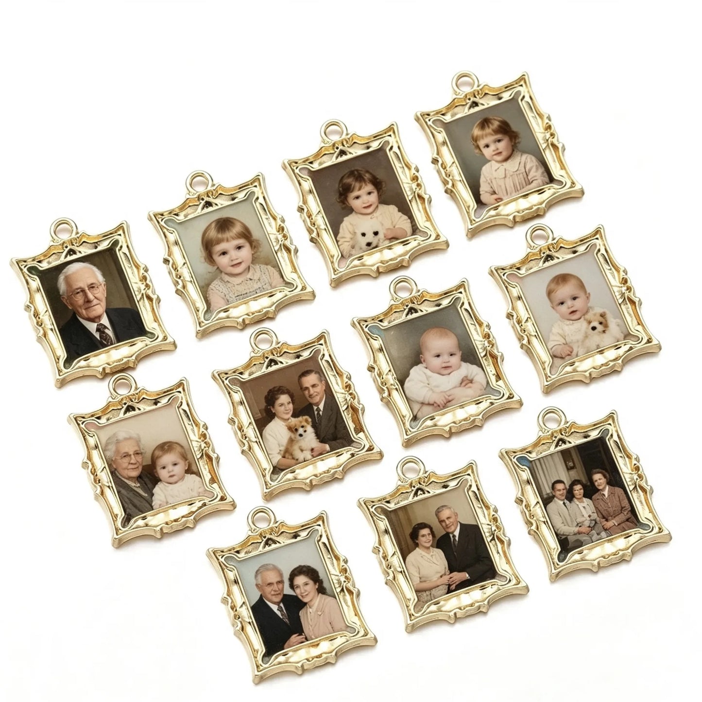 Custom family photo keepsake necklace with vintage-inspired picture frame pendant.