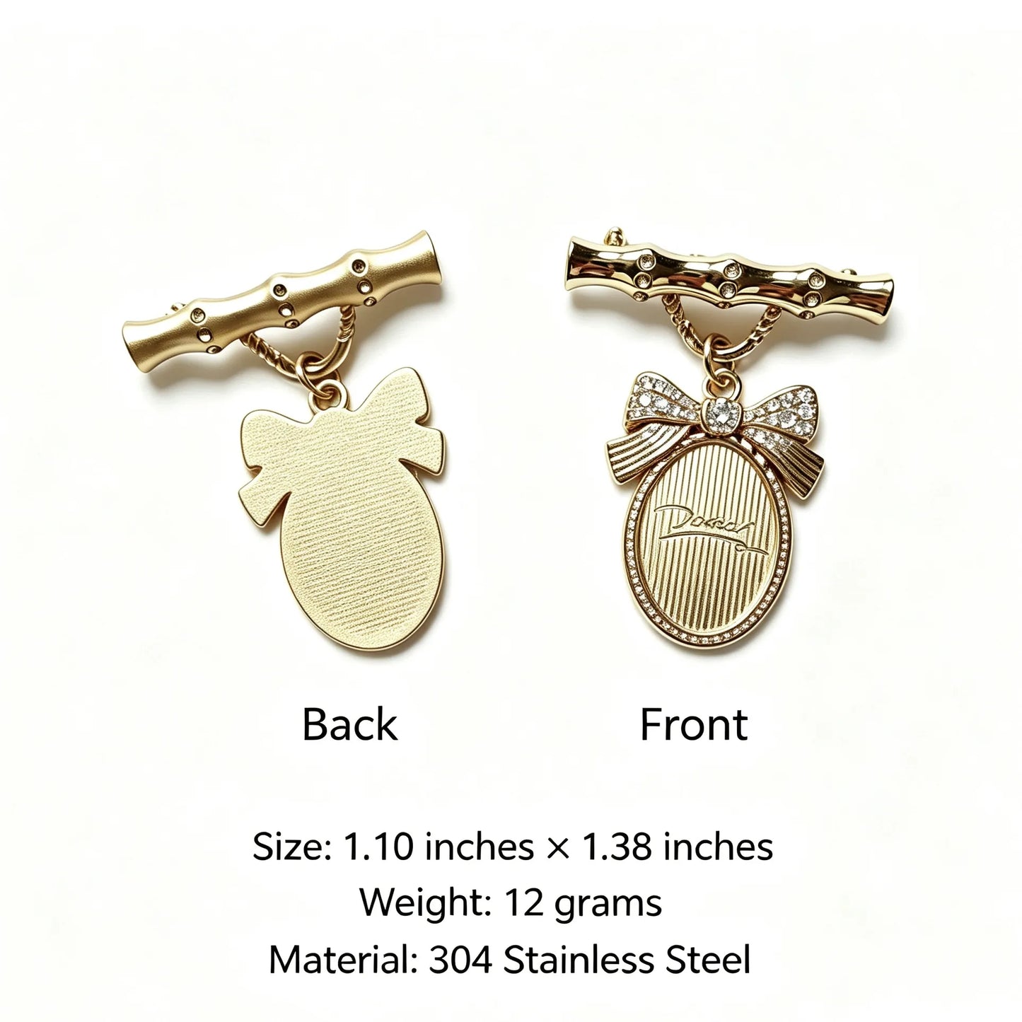 Close up view of gold bow vintage photo brooch showing detailed craftsmanship.