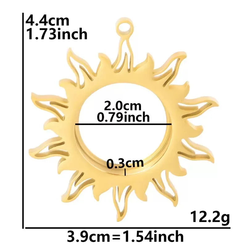 Gold sun photo necklace chain and pendant craftsmanship close up detail.