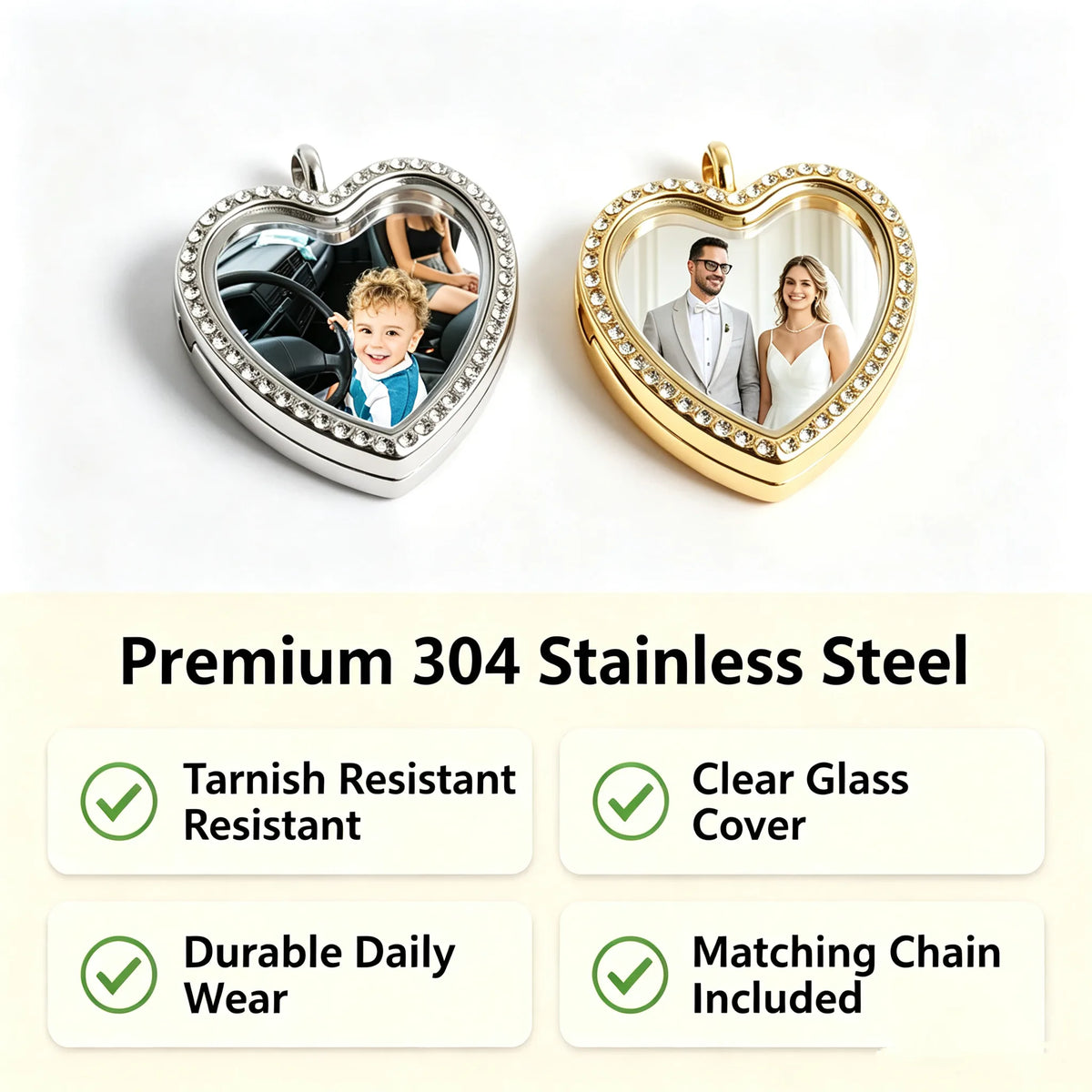 Custom heart photo necklace with personalized picture pendant close up detail.