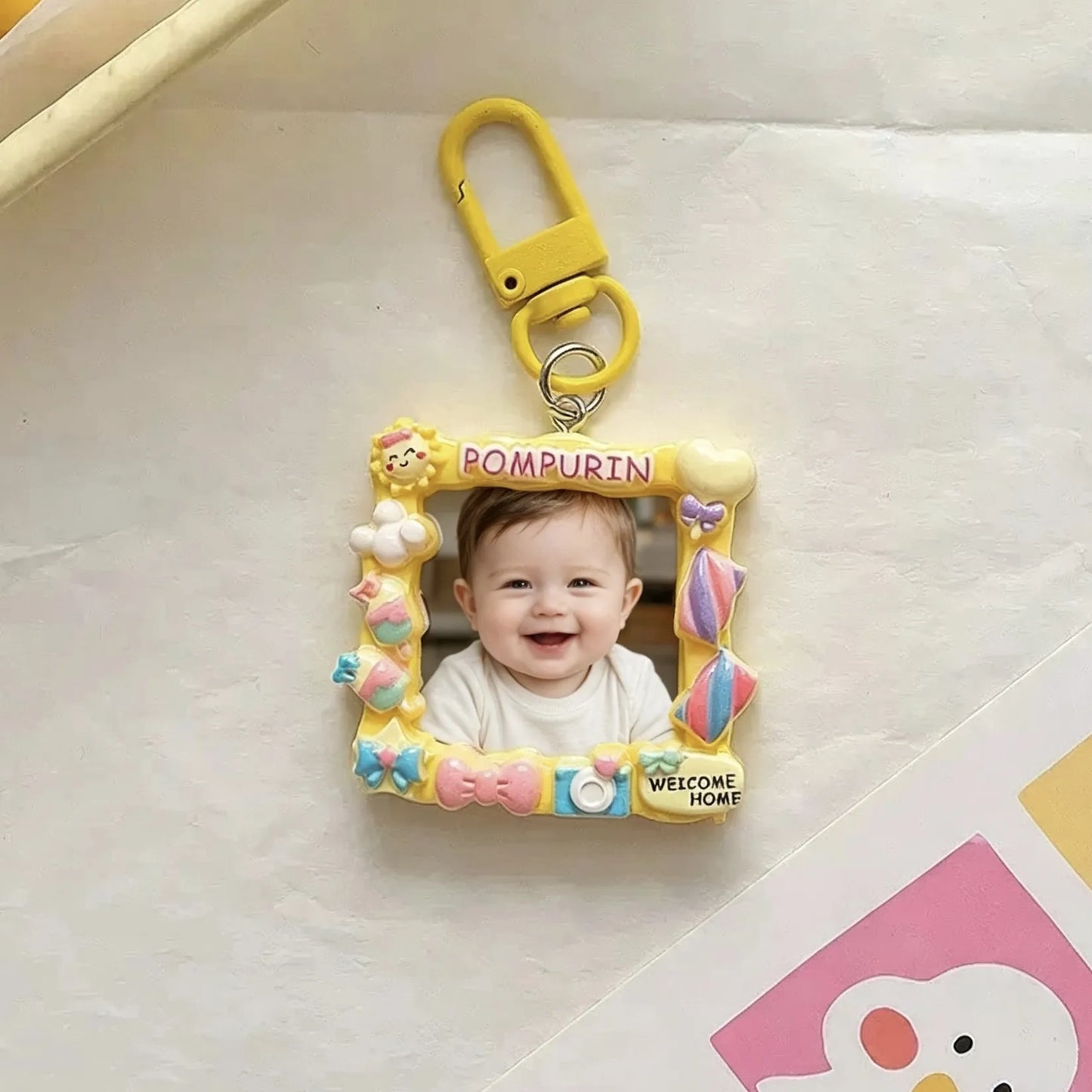 Cute personalized photo keychain featuring a child's picture and custom name.