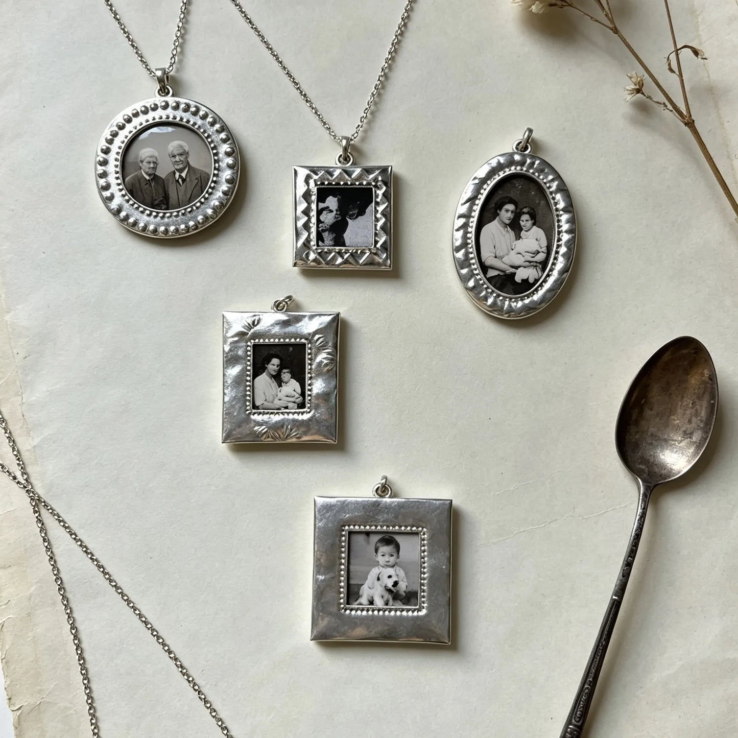 Custom vintage square photo frame necklace created as a meaningful memorial keepsake.