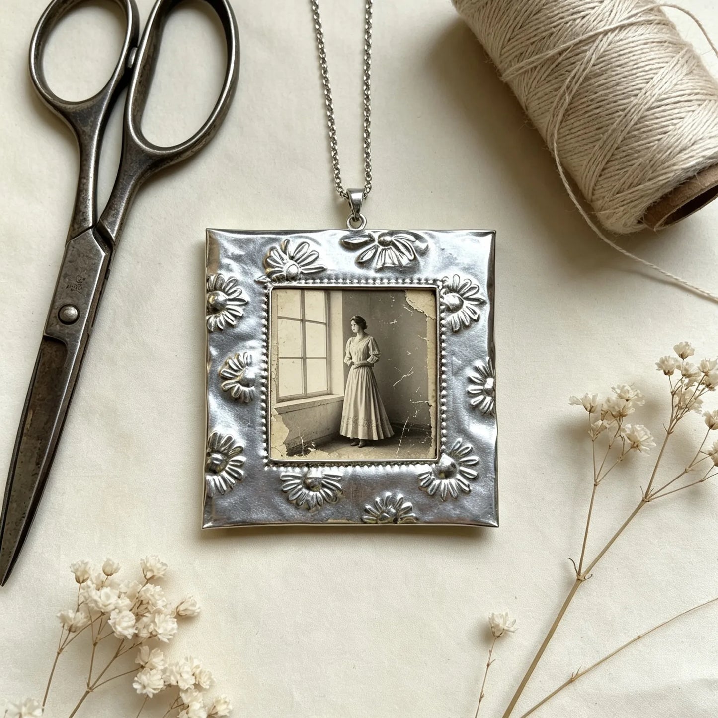 Personalized vintage square photo frame necklace for Mother's Day featuring a cherished family photo.