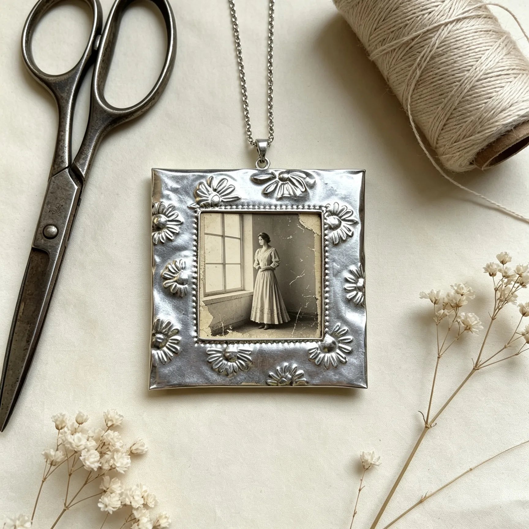 Personalized vintage square photo frame necklace for Mother's Day featuring a cherished family photo.