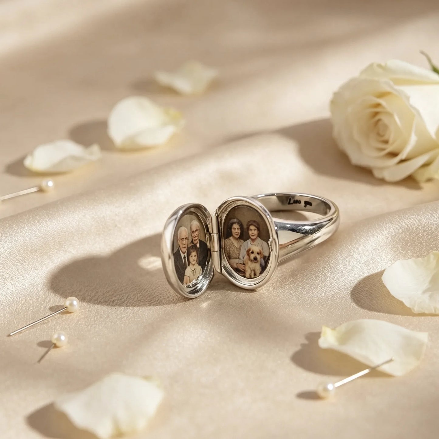 Designed for everyday wear, this personalized memory ring holds two custom photos inside an elegant opening locket. A unique jewelry gift that celebrates love, family and unforgettable memories.