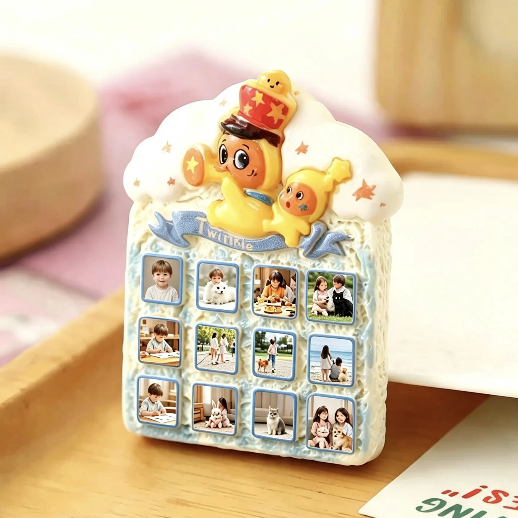 Personalized fridge magnet with 12 custom photos, handmade memory keepsake for family, kids, pets and loved ones.