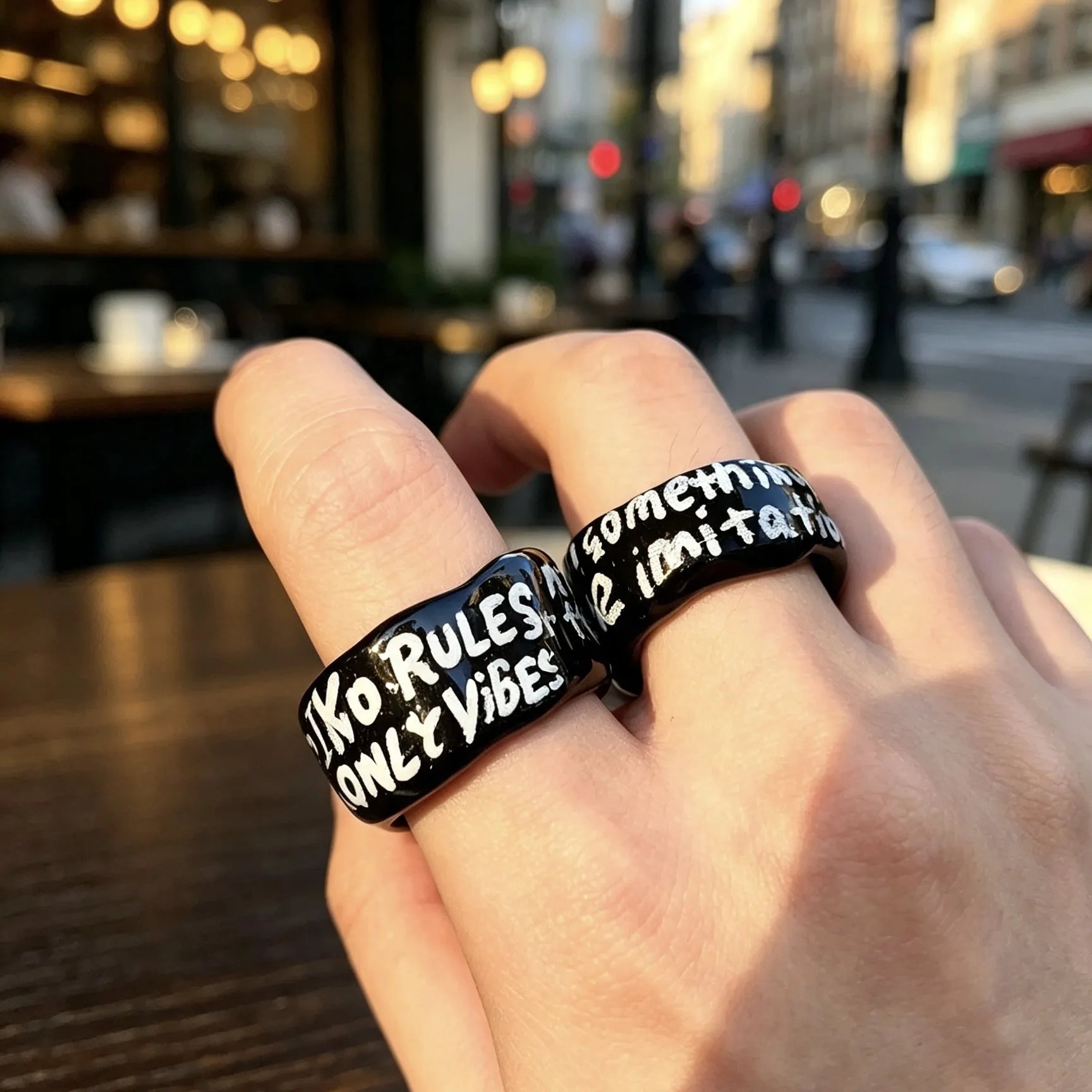 Personalized black ceramic ring with custom engraved text in glossy finish.
