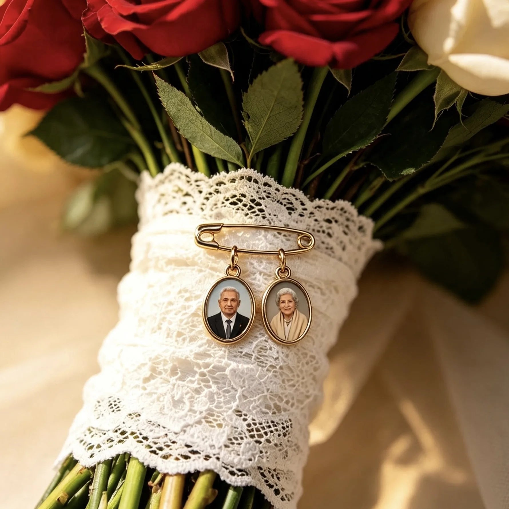 Custom wedding bouquet memorial pin with two personalized photo charms, a heartfelt keepsake for remembering loved ones during the ceremony.