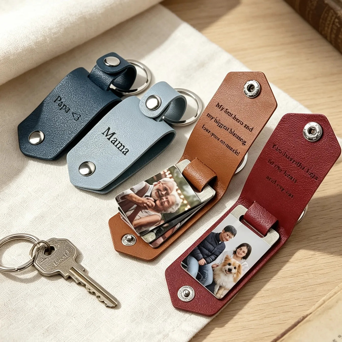 Personalized leather photo keychain with a custom family picture and premium snap closure.