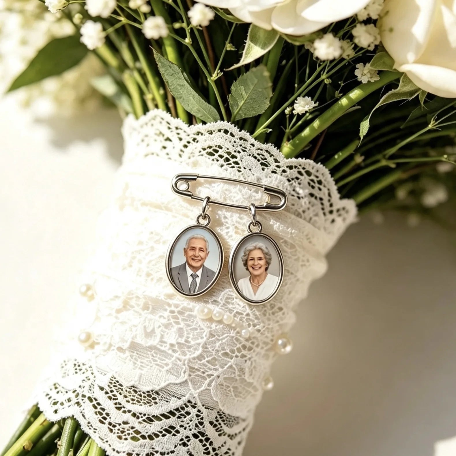 Personalized wedding memorial bouquet charm featuring a custom photo pendant to keep loved ones close on your special day.