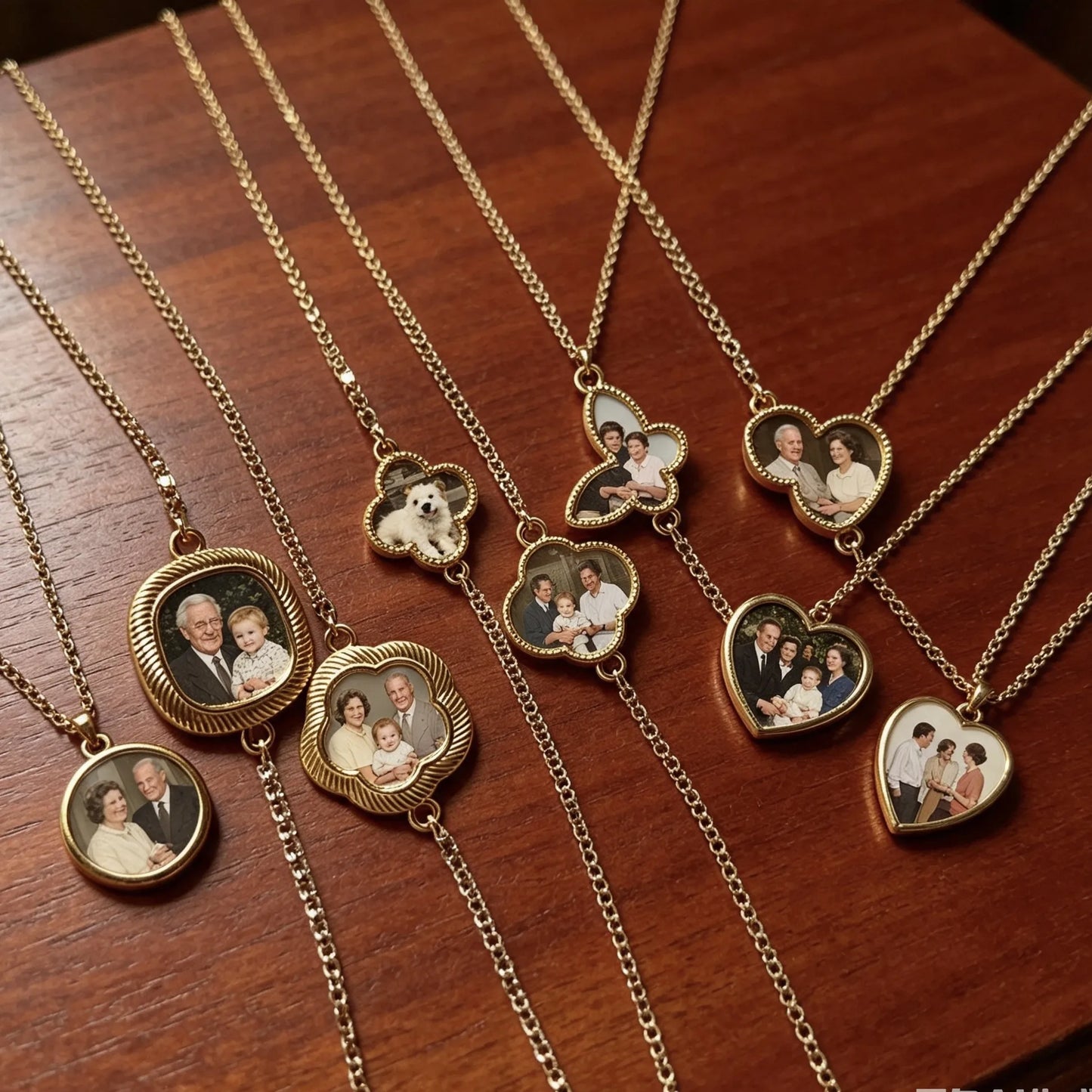 Personalized photo bracelets featuring heart, oval, butterfly and clover charms with custom family photos.
