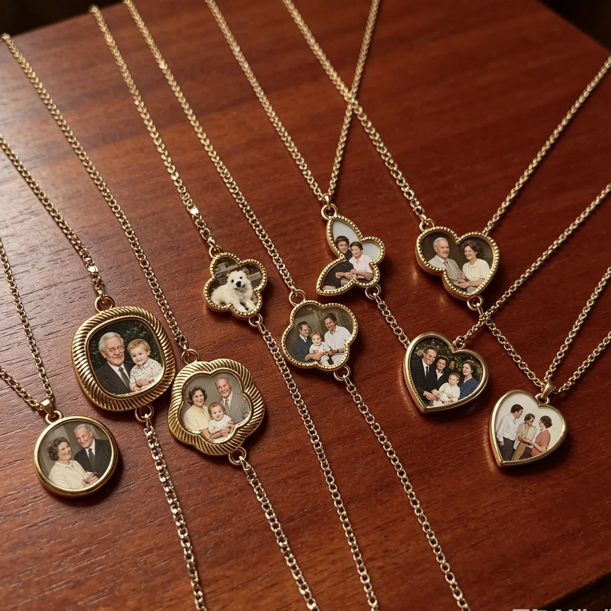 Personalized photo bracelets featuring heart, oval, butterfly and clover charms with custom family photos.