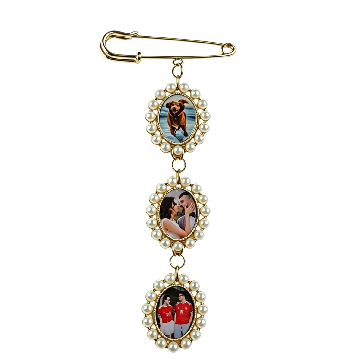 Personalized photo brooch with three photo charms custom picture pin