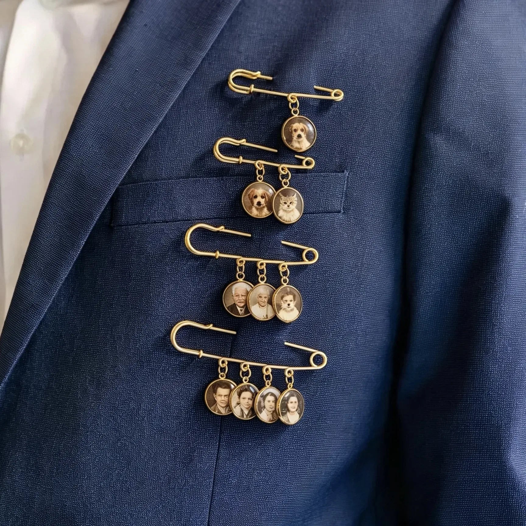Personalized wedding memory brooch with custom photo charms on a white background.