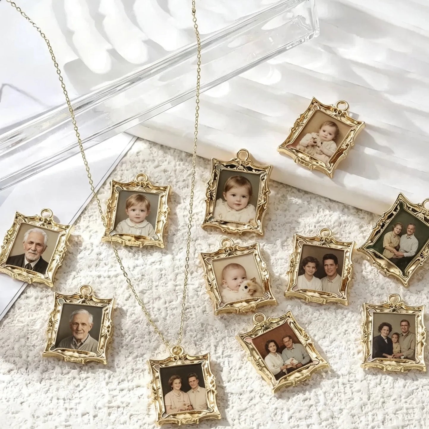 Personalized vintage photo frame necklace with custom picture pendant in antique gold finish.