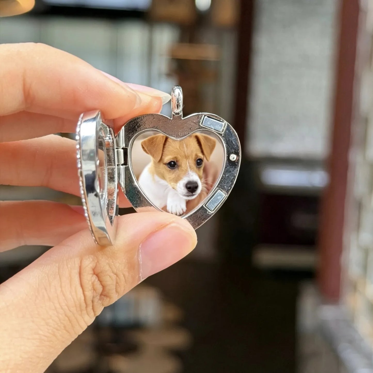 Custom pet photo heart necklace, personalized memorial jewelry keepsake for pet lovers.