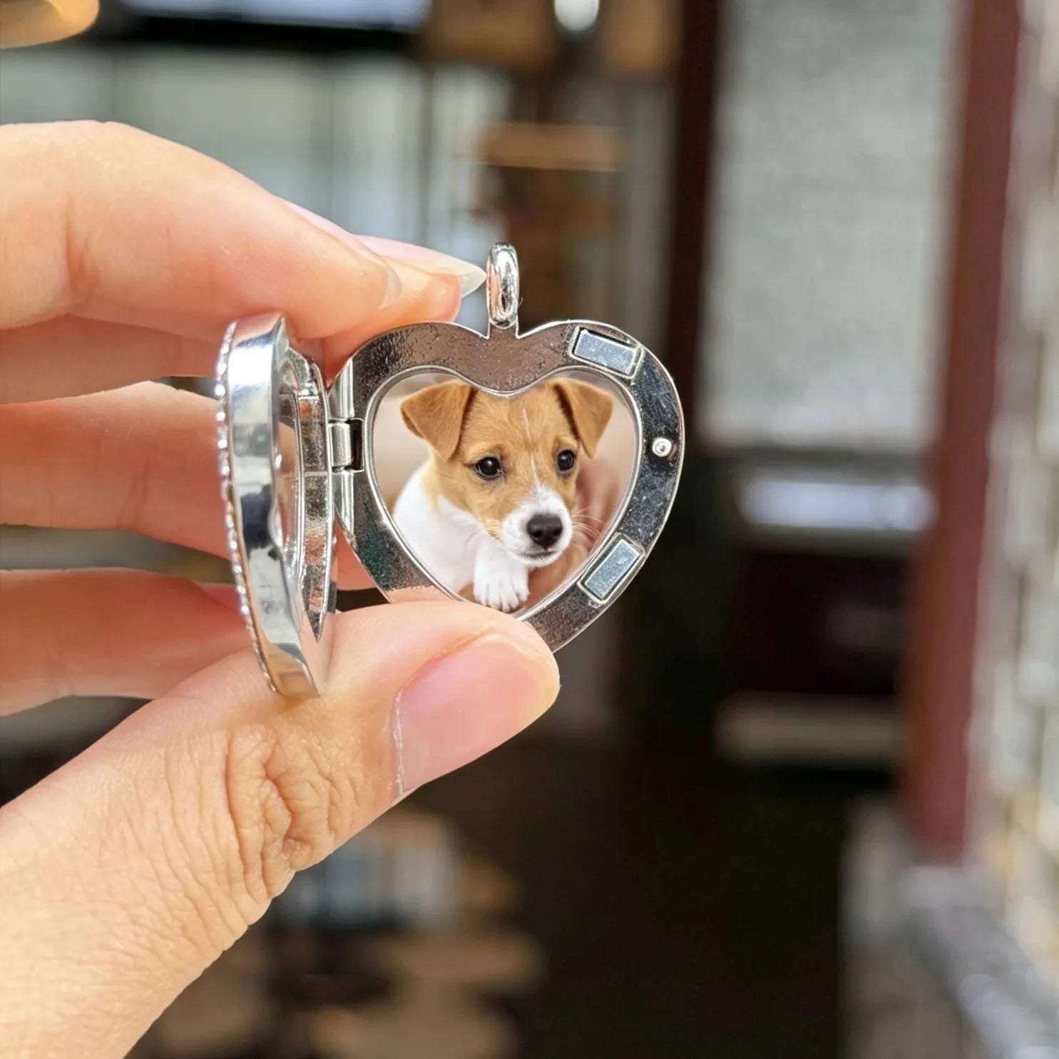 Custom pet photo heart necklace, personalized memorial jewelry keepsake for pet lovers.