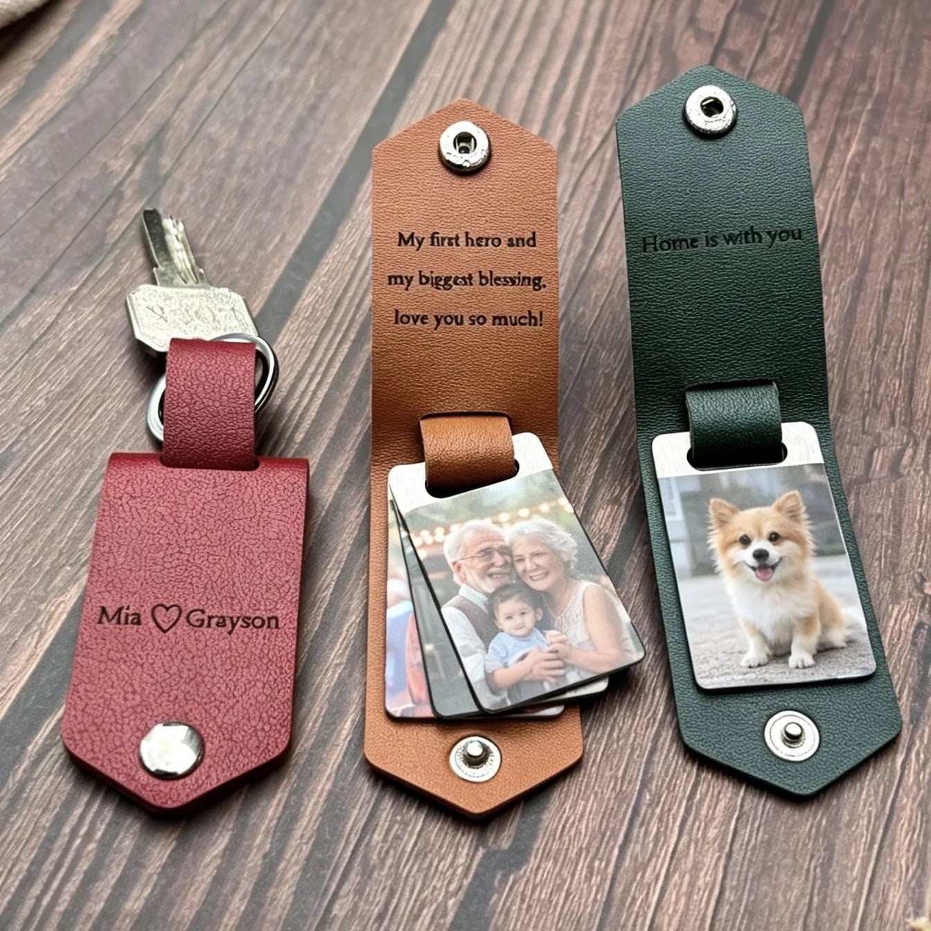 Leather personalized keychain featuring a beloved pet photo.