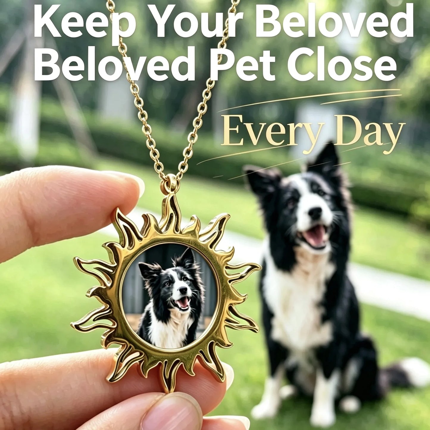 Custom pet photo sun necklace memorial jewelry gift for pet lovers.