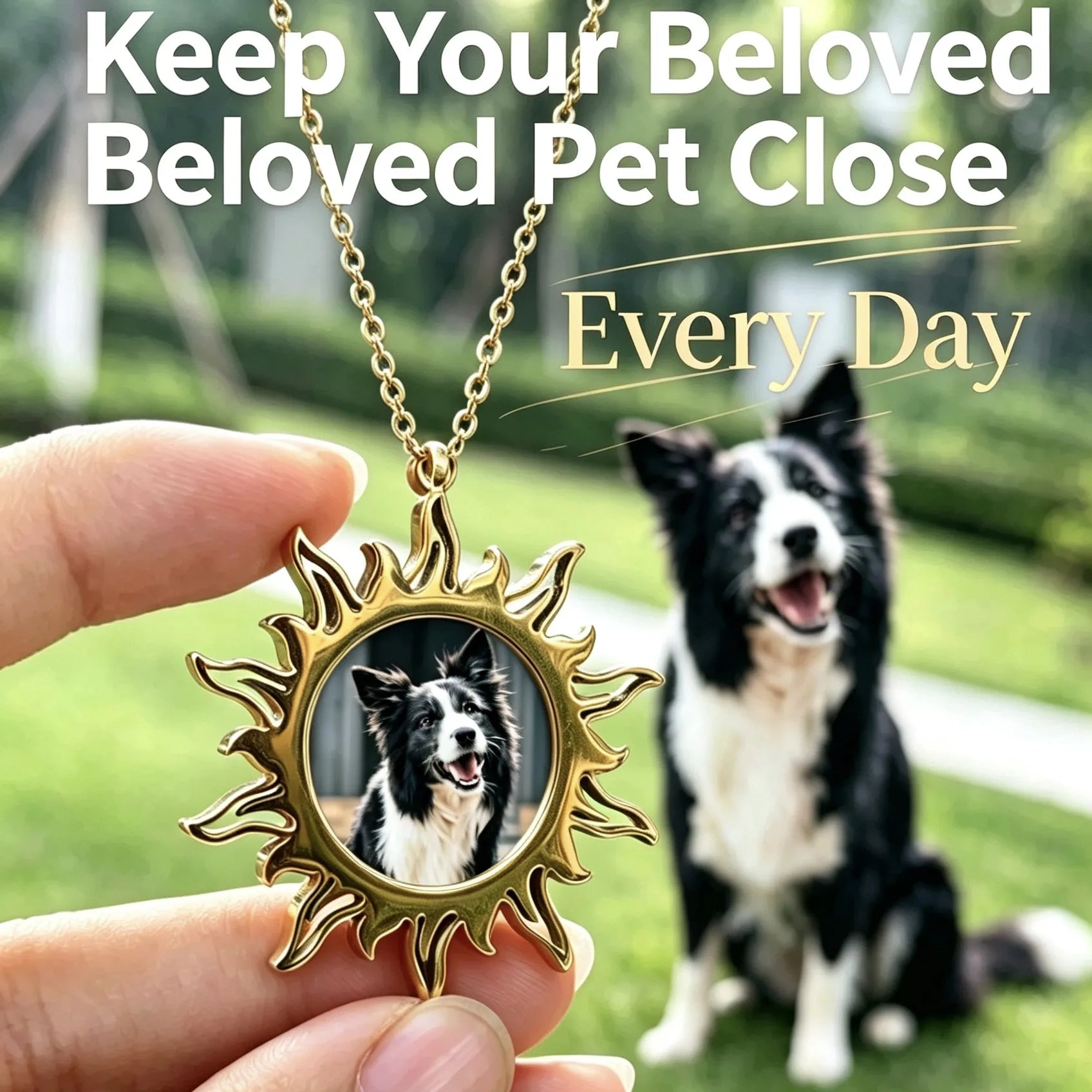 Custom pet photo sun necklace memorial jewelry gift for pet lovers.