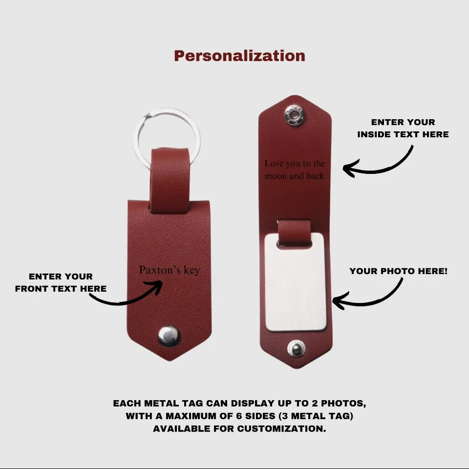 Close-up of premium leather texture and stainless steel key ring.