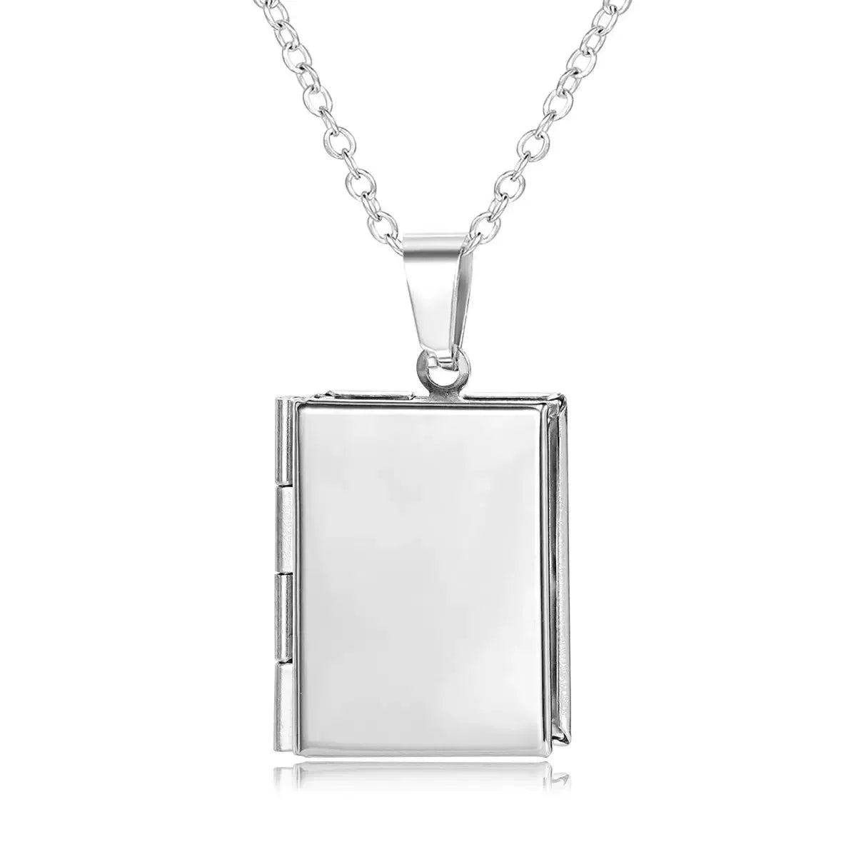 Front view of a personalized photo locket necklace featuring a minimalist silver book-style pendant.