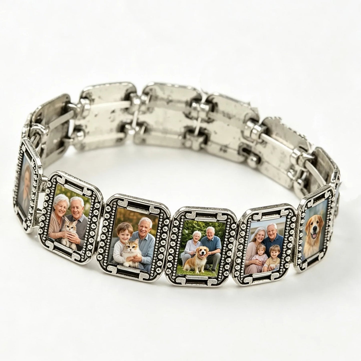 Personalized multi photo bracelet with custom family pictures in vintage square charms.
