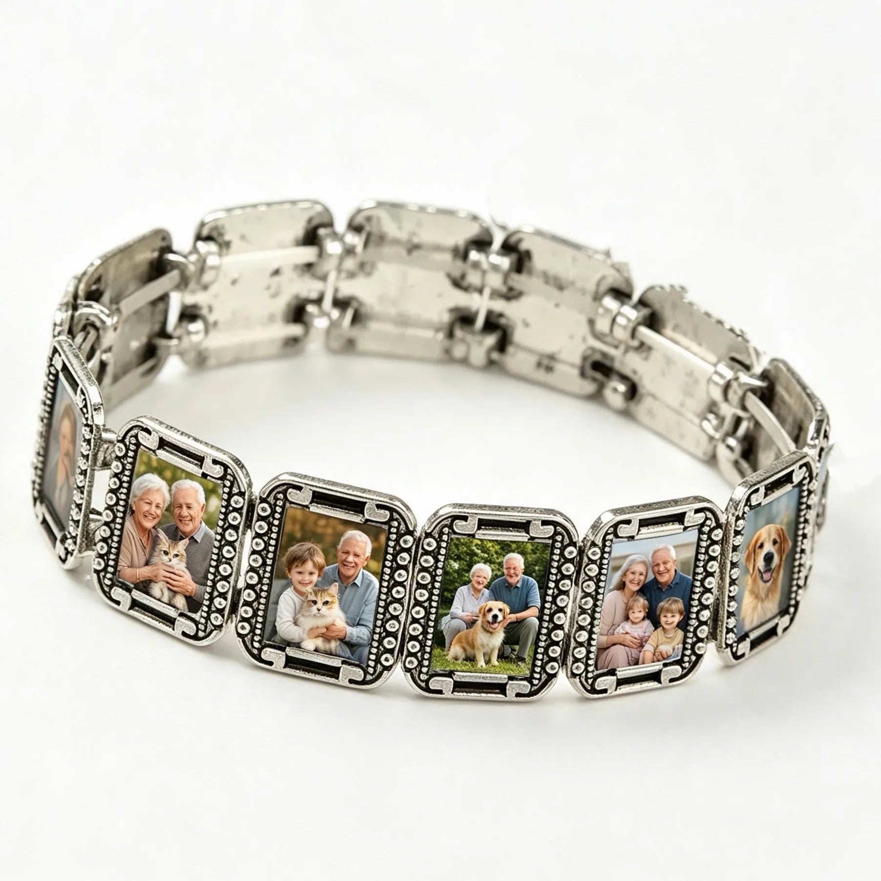 Personalized multi photo bracelet with custom family pictures in vintage square charms.