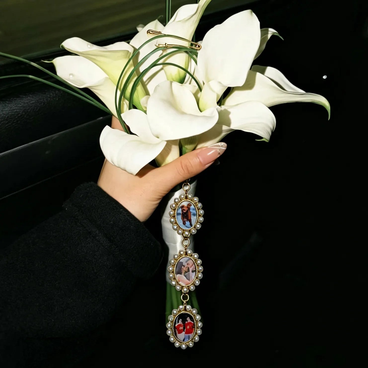 Custom photo brooch on wedding bouquet personalized bridal photo keepsake