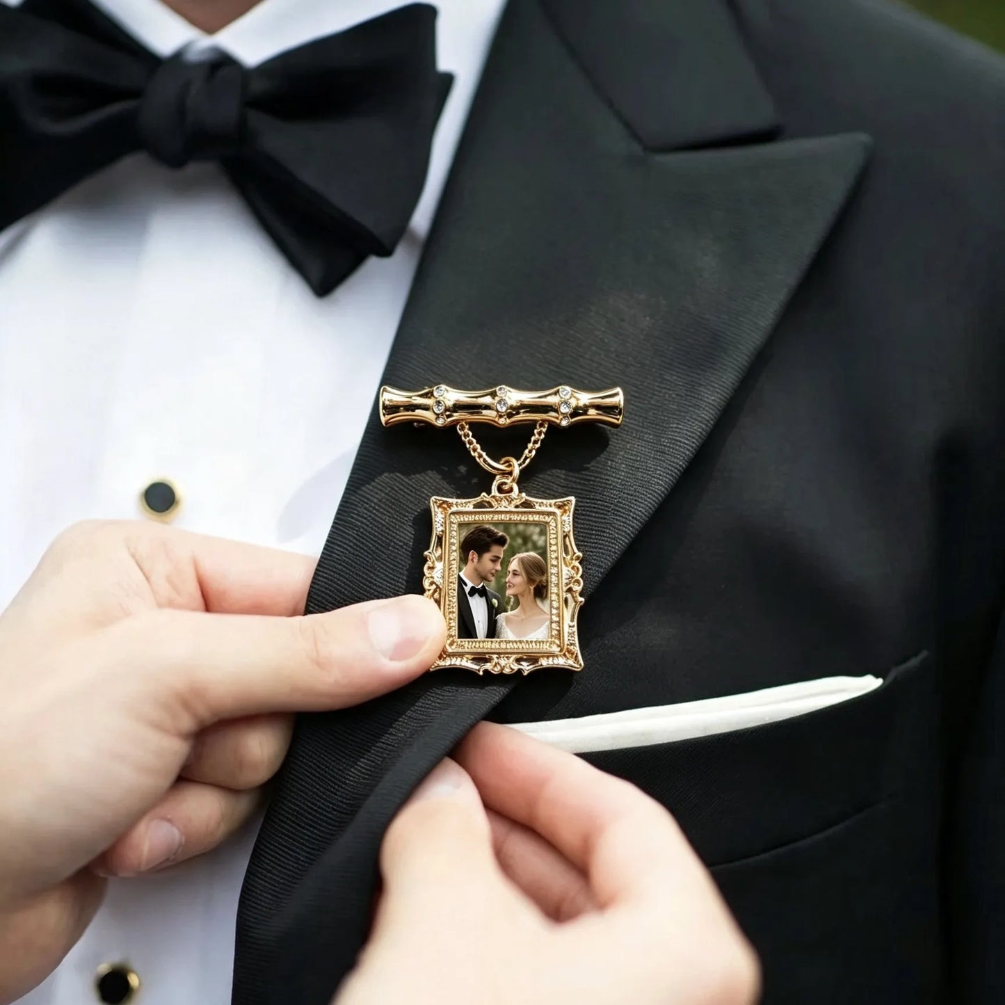 Custom photo brooch worn on wedding suit for groom memory gift